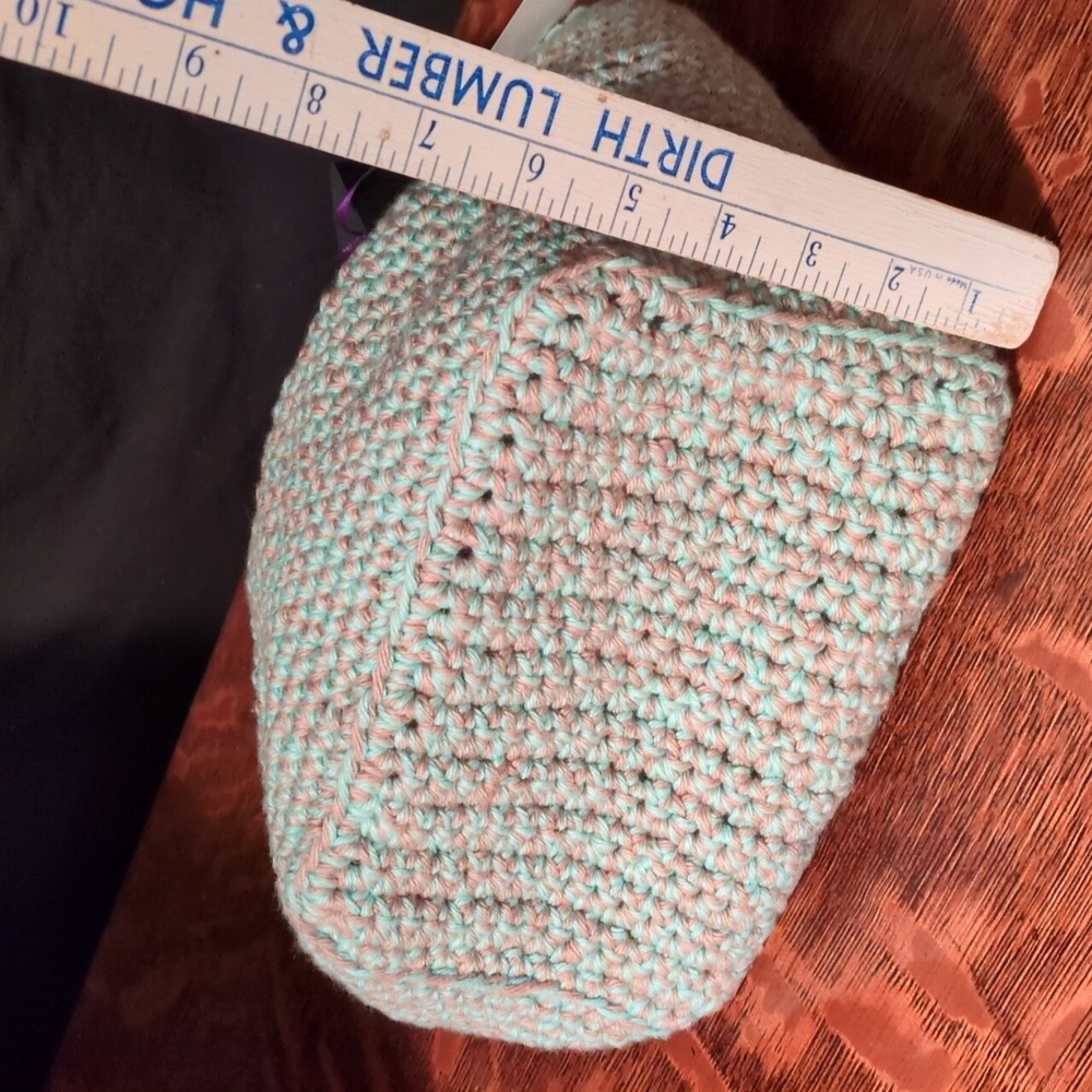 Handmade Crochet Mini Bucket Bag Genuine Leather Handles Pistachio Taupe - Picture 8 of 11